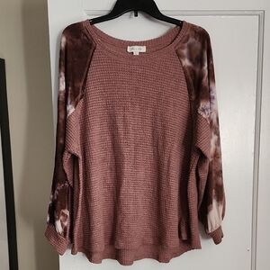 She + Sky Mauve Waffle Knit Long Sleeve Sweater With Tie-dye Sleeve Detail